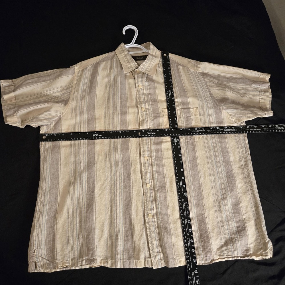 Tasso Elba Shirt Mens Large Beige 62% Linen Cotton Stripe Short Sleeve Button Up - Picture 2 of 8